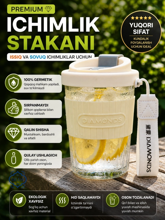 Trubochkali stakan, silikon qopqoq bilan, shisha stakan trubocha bilan, 350, 450, 500 ml - 