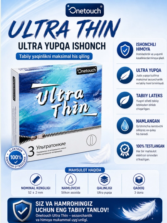 OneTouch Classic prezervativlari, 3 dona — klassik shakl, silikon moyli, ishonchli himoya - 