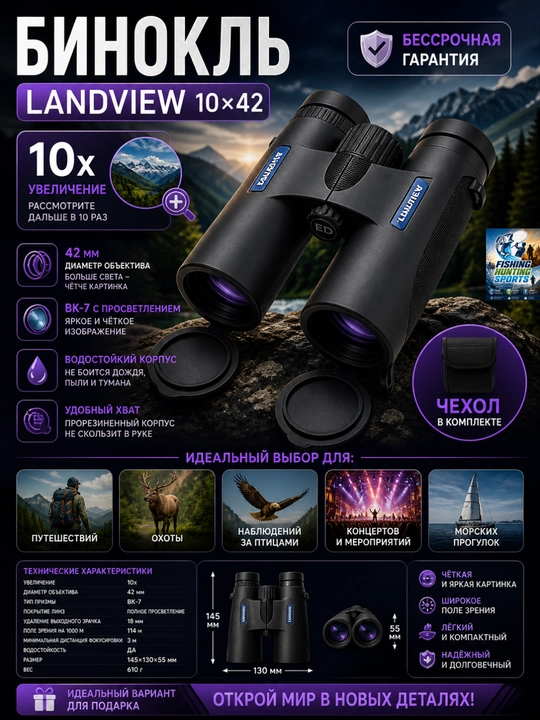 Бинокль Landview 10x42 Лёгкий турристический - 