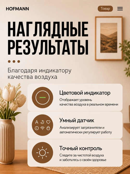 Очиститель воздуха Hofmann HEPA H13 WiFi ионизация 40м² 3.75л 25–65Вт увлажнение
