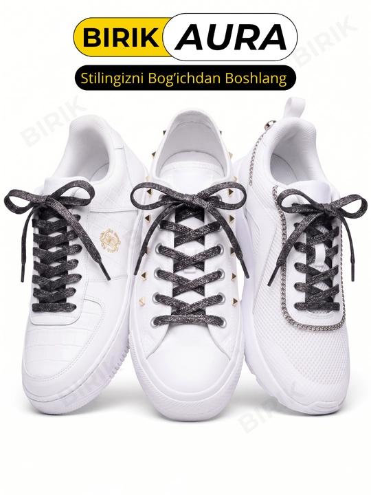 BIRIK AURA metallik lyureks, yassi, 10 mm, 110 sm, yaltiroq krossovka bogichi