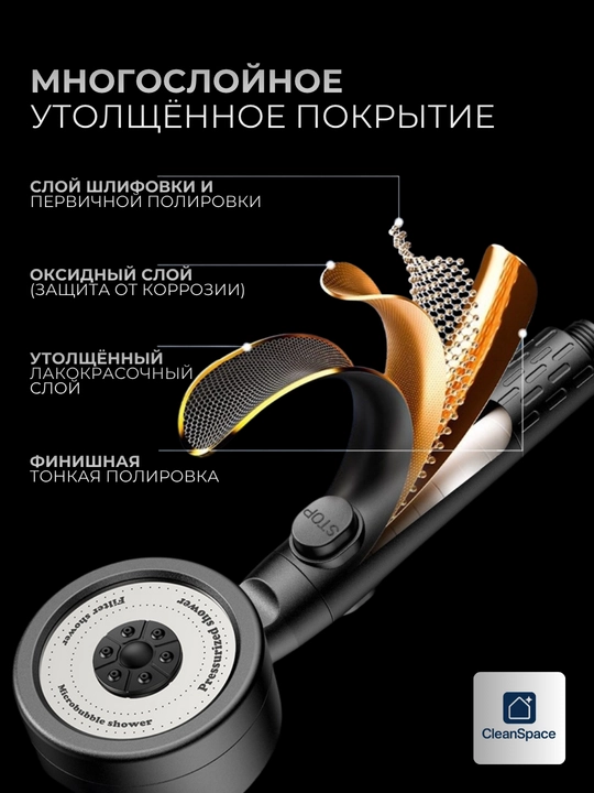 Лейка для душа с фильтром, 3 режима, кнопка STOP, CleanSpace