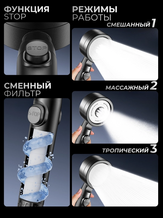 Лейка для душа с фильтром, 3 режима, кнопка STOP, CleanSpace