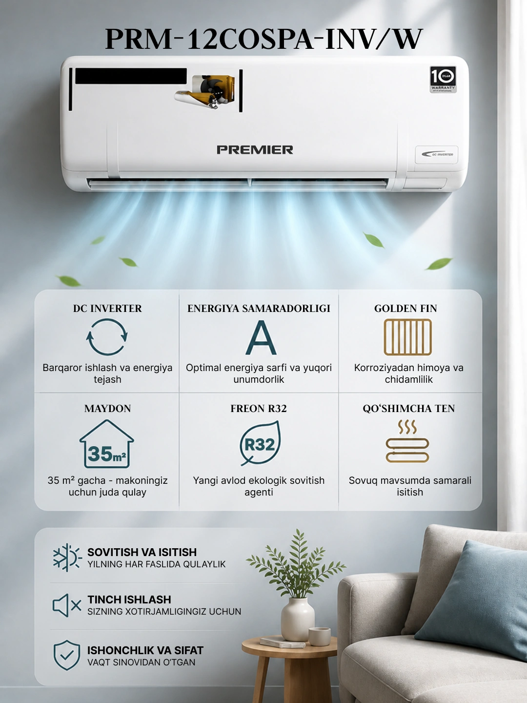 Кондиционер Premier PRM-12COSPA-INV/W, DC Inverter за 3799000 сум со скидкой 24%. Uzum Market