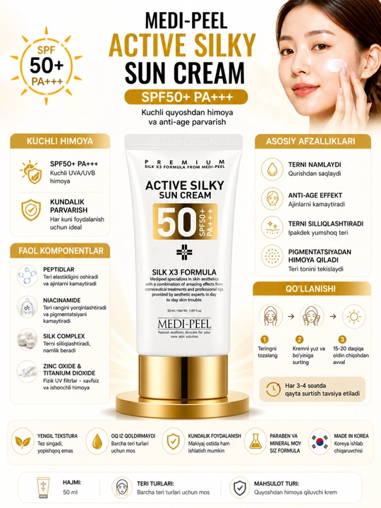 MEDI-PEEL Active Silky Sun Cream SPF50+ PA+++ 50ml quyoshdan himoya kremi