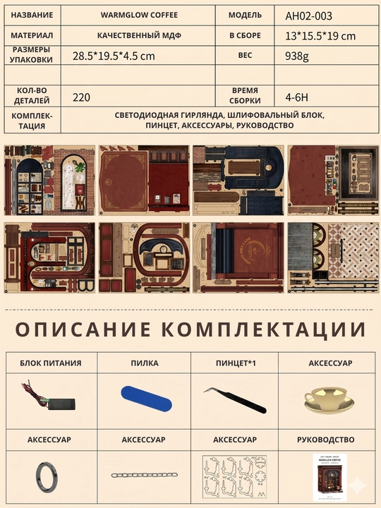 DIY Book Nook interyer konstruktori rumboks Shinam qahvaxona LED chiroqli