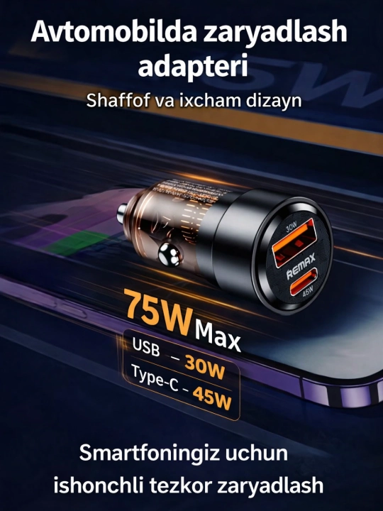 Remax avtomobil uchun zaryadnik qurilmasi USB, Type-C, 2 tasi 1 da - 