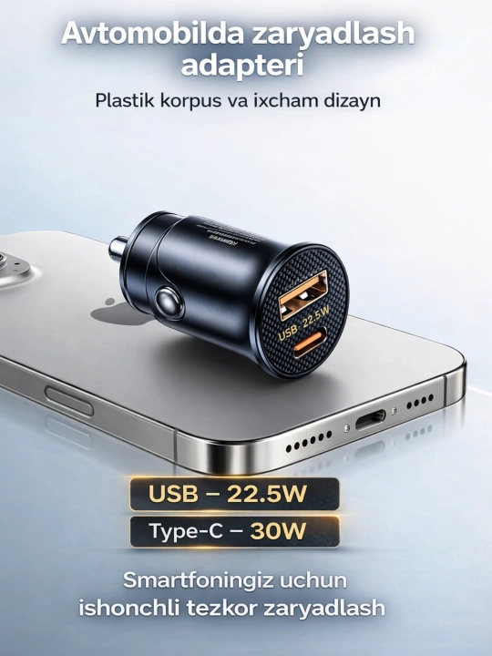 Remax avtomobil uchun zaryadnik qurilmasi USB, Type-C, 2 tasi 1 da