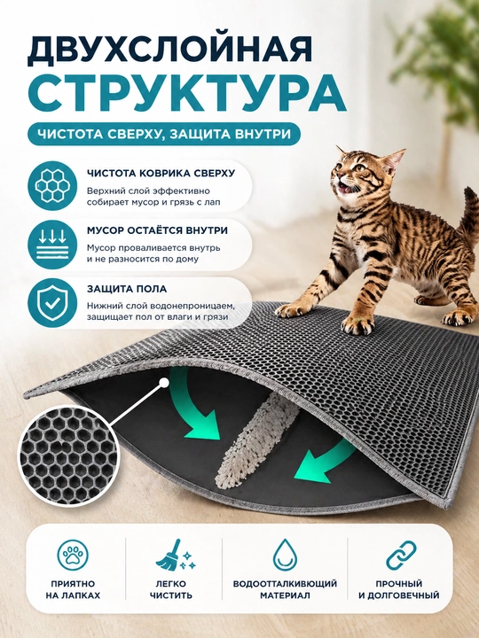 Двухслойный коврик для кошачьего туалета 60*45 см, коврик под лоток для кота, собак
