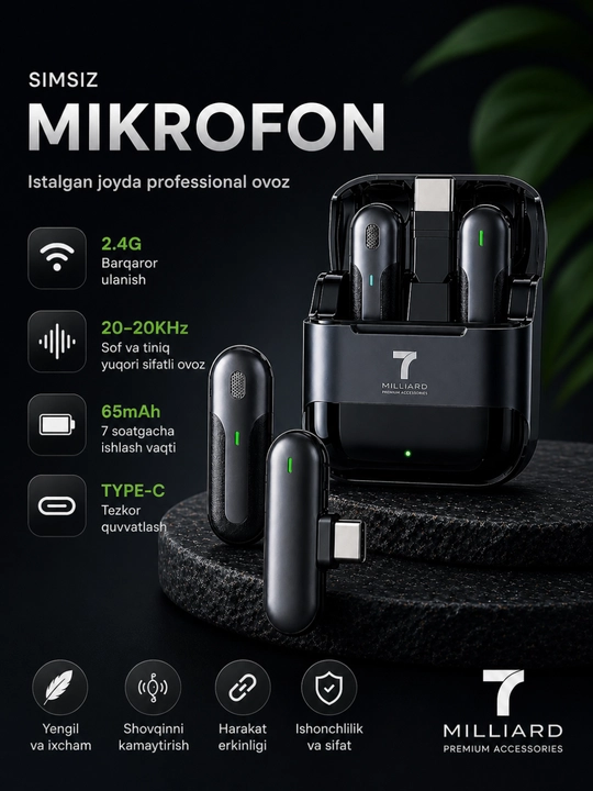 Simsiz mikrofon, type c mikrofon, Android/iPhone uchun mini mikrofon, video uchun mikrofon