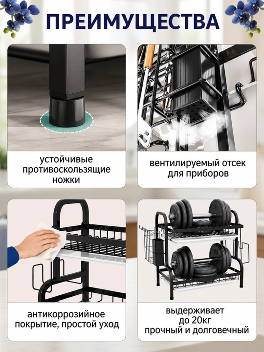 Сушилка для посуды 2 яруса кухонная полка органайзер для тарелок стаканов черная