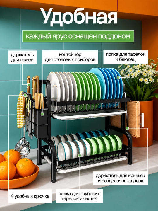 Сушилка для посуды 2 яруса кухонная полка органайзер для тарелок стаканов черная
