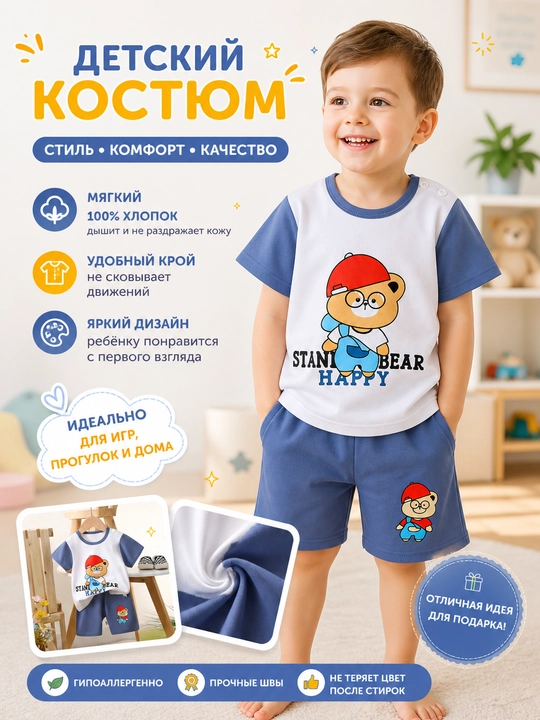 Лёгкий хлопковый костюм для детей, футболка с принтом и удобные шорты, размеры 90–130 см - 
