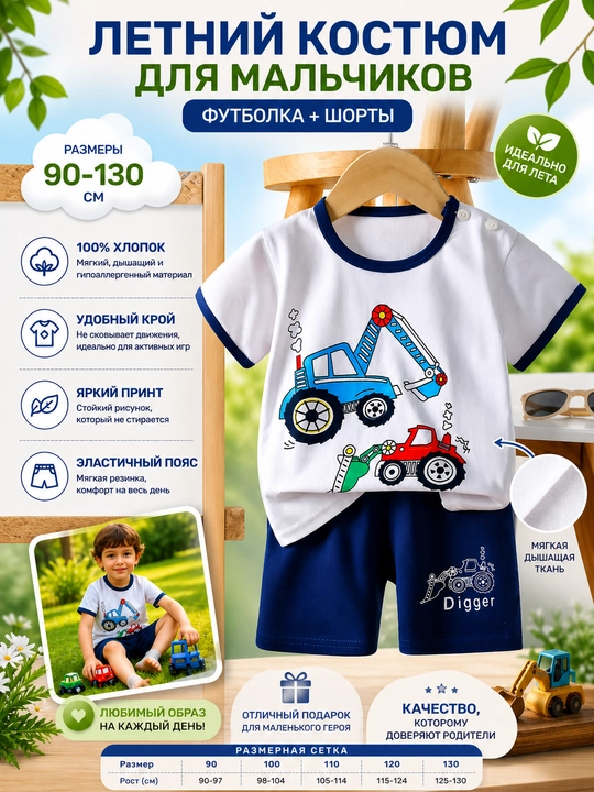 Лёгкий хлопковый костюм для детей, футболка с принтом и удобные шорты, размеры 90–130 см - 