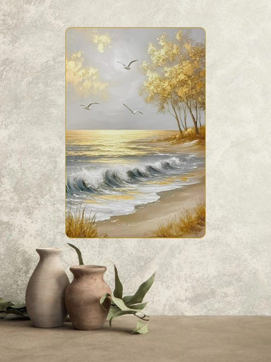 Yog‘ochga qo‘lda o‘yib ishlangan devoriy rasm, 60x90, dengiz bo‘yida oltin quyosh botishi