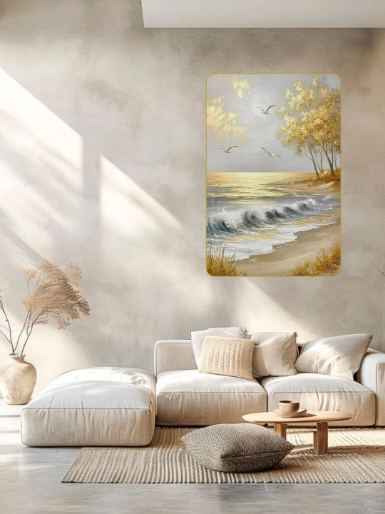 Yog‘ochga qo‘lda o‘yib ishlangan devoriy rasm, 60x90, dengiz bo‘yida oltin quyosh botishi