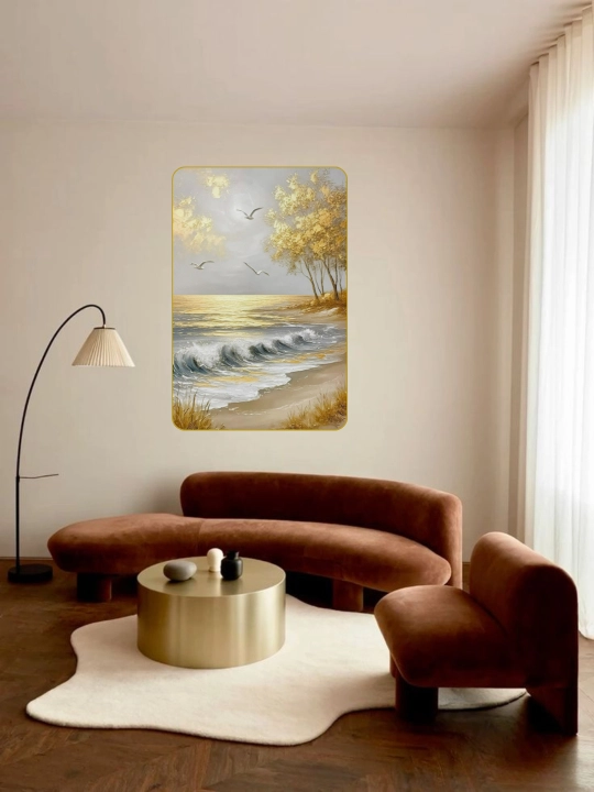 Yog‘ochga qo‘lda o‘yib ishlangan devoriy rasm, 60x90, dengiz bo‘yida oltin quyosh botishi