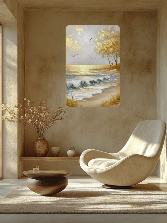 Yog‘ochga qo‘lda o‘yib ishlangan devoriy rasm, 60x90, dengiz bo‘yida oltin quyosh botishi