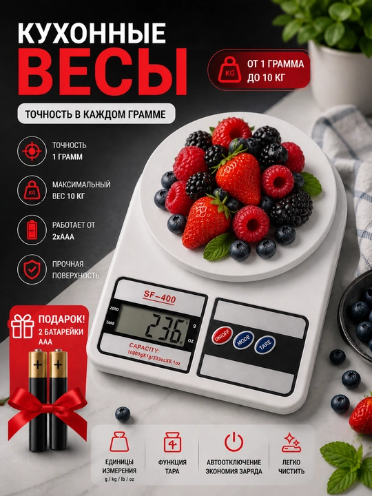 Электронные кухонные весы мини, до 10 кг, батарейки в комплекте - 