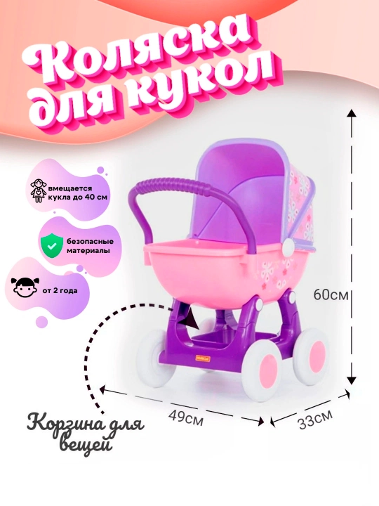 Коляска для куклы, 4-х колёсная, игрушечная коляска для девочек, с корзиной