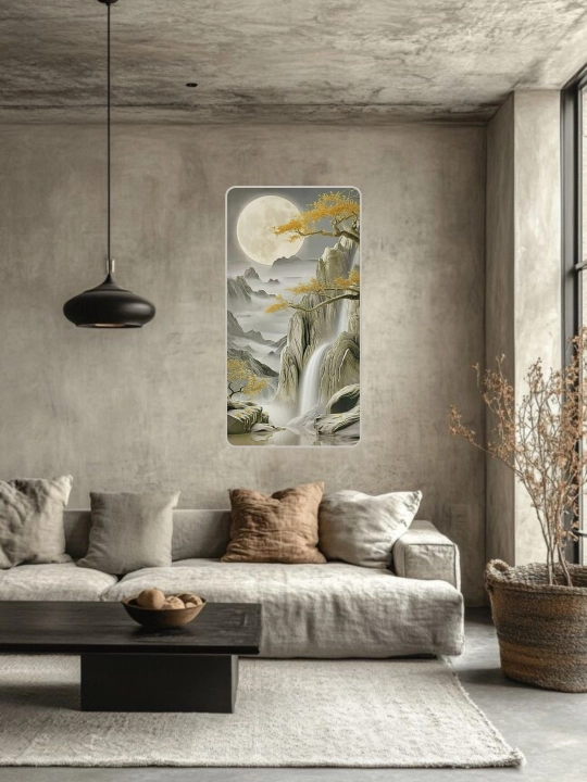 Devoriy rasm, qo‘lda yog‘och o‘ymakorligi, 50x100 "To‘lin oy ostidagi sharshara" oltin ramkali