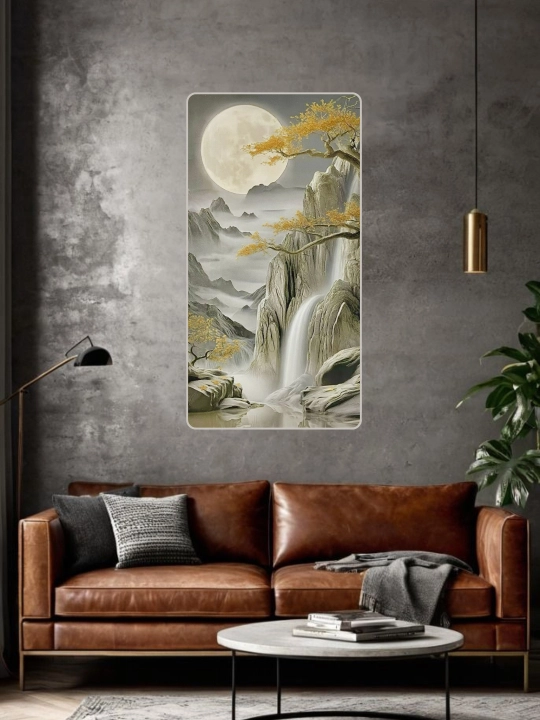 Devoriy rasm, qo‘lda yog‘och o‘ymakorligi, 50x100 "To‘lin oy ostidagi sharshara" oltin ramkali