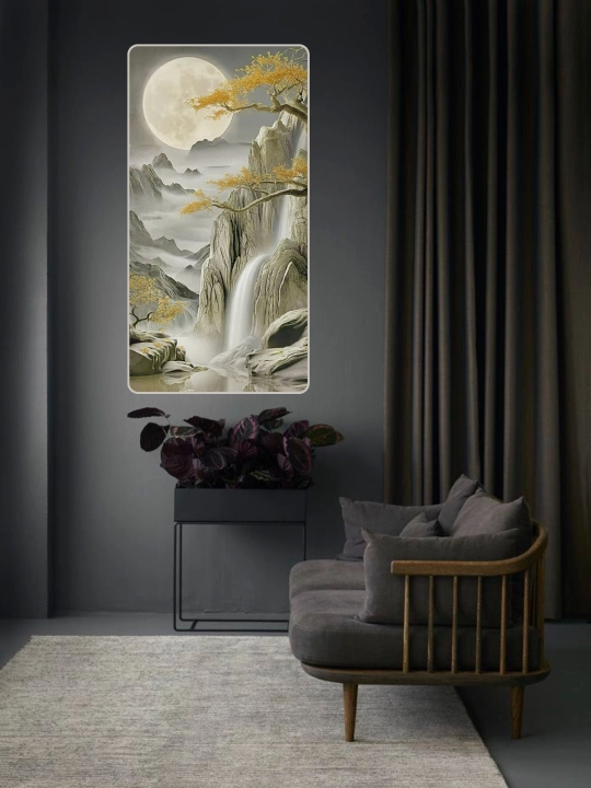 Devoriy rasm, qo‘lda yog‘och o‘ymakorligi, 50x100 "To‘lin oy ostidagi sharshara" oltin ramkali