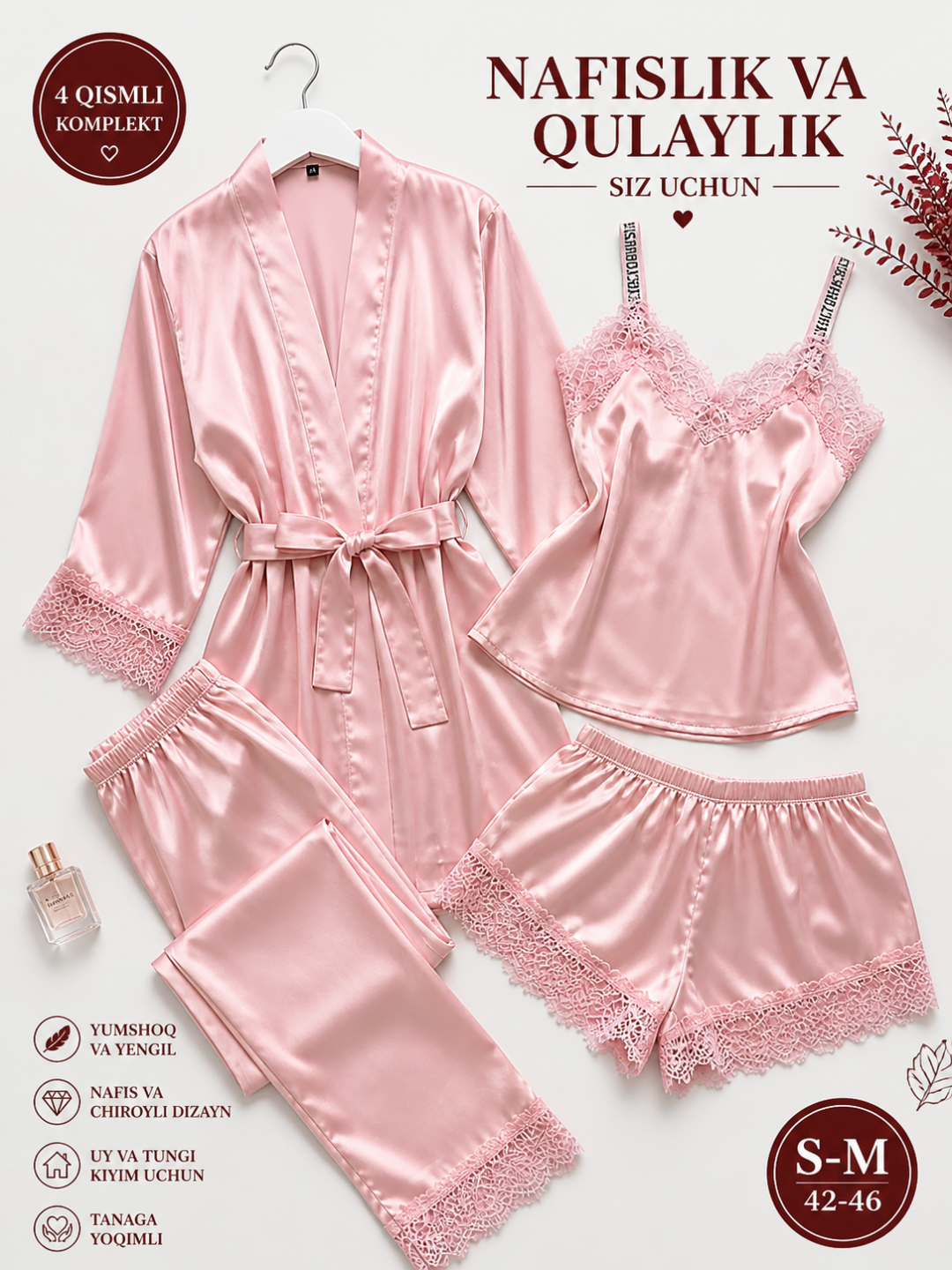 Ayollar uchun uy kiyimi, tungi kiyim, pijama va halat, nafis va qulay set S–M / 42–46 - 