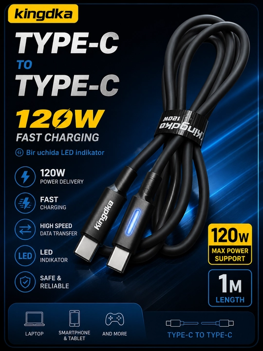 USB Type-C 3.0 kabeli, 6A, mustahkam, tez zaryadlash va ma’lumot uzatish uchun - 