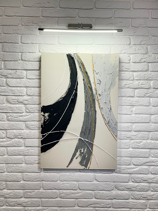 Interyer kartinasi, (Abstrakciya) qo‘l ishi, 60x90 «Qora va oq dinamikasi»