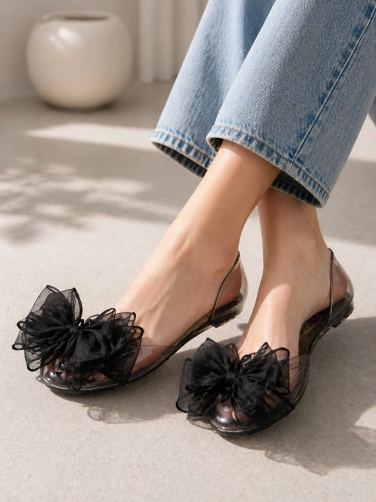 Женские прозрачные балетки с бантом летние силиконовые сандалии, jelly shoes пляжная обувь