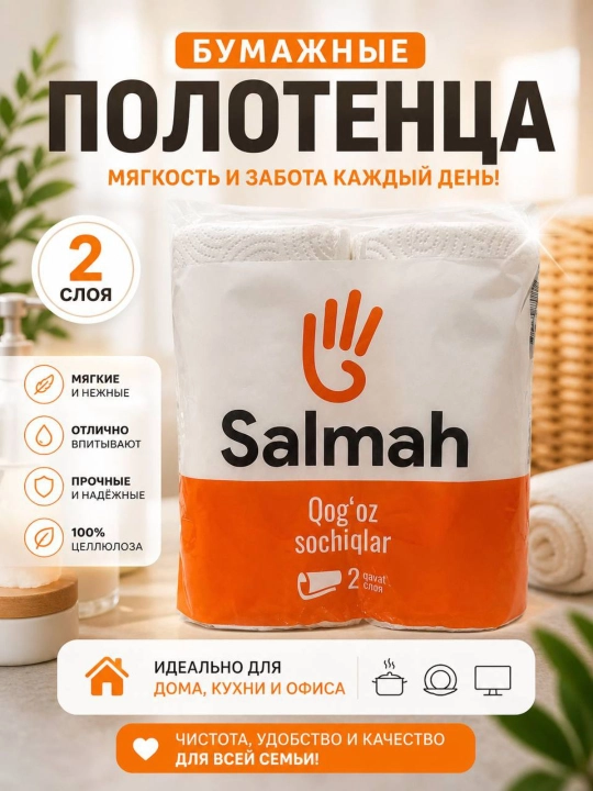 Salmah qog‘oz sochiqlari — barakali, shimuvchan, arzon va juda sifatli,2 qavat, 2 ta rulon - 