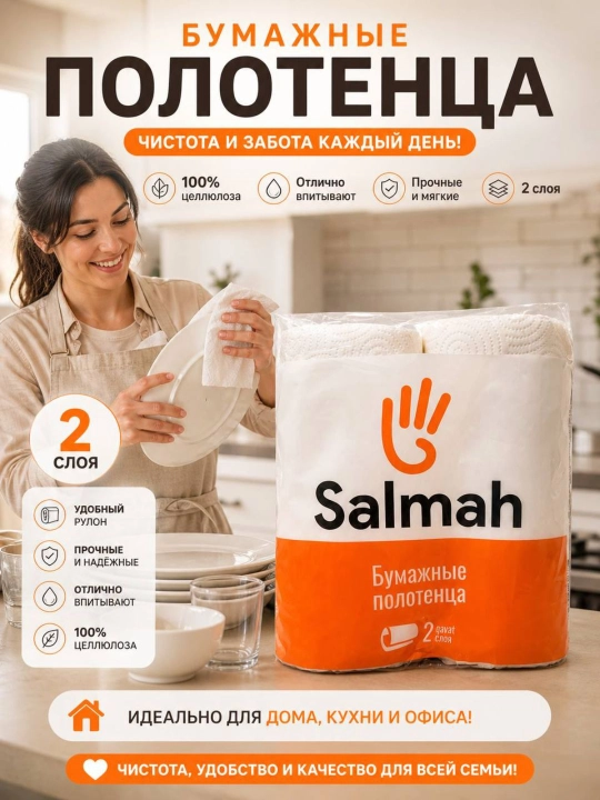 Salmah qog‘oz sochiqlari — barakali, shimuvchan, arzon va juda sifatli,2 qavat, 2 ta rulon