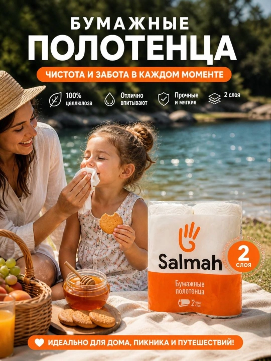 Salmah qog‘oz sochiqlari — barakali, shimuvchan, arzon va juda sifatli,2 qavat, 2 ta rulon