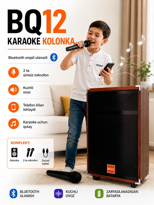 Колонка караоке BAAB B-Q12 с 2 беспроводными микрофонами