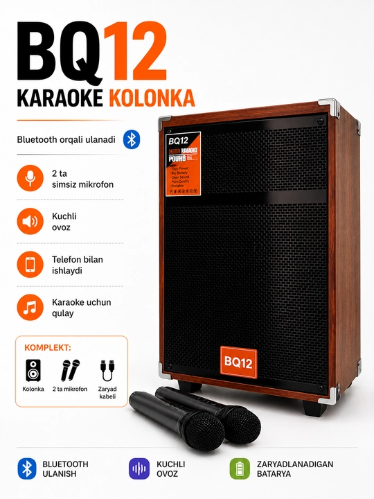 Колонка караоке BAAB B-Q12 с 2 беспроводными микрофонами