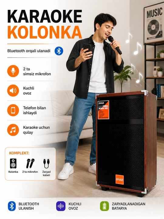 Колонка караоке BAAB B-Q12 с 2 беспроводными микрофонами