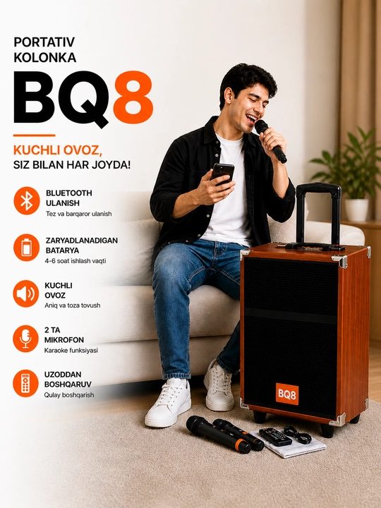 Колонка караоке BAAB B-Q12 с 2 беспроводными микрофонами