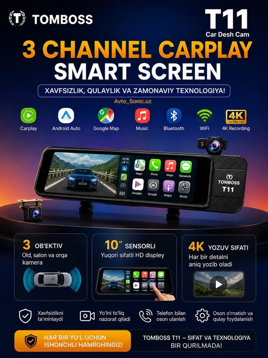 TOMBOSS T11, Wi-Fi kuzatuv, аntiradar, Carplay kamerali 3 ta videoregistrator - 