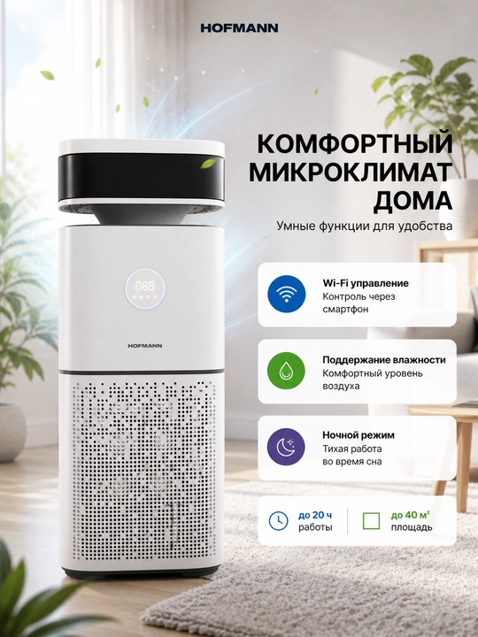 Очиститель воздуха Hofmann HEPA H13 WiFi ионизация 40м² 3.75л 25–65Вт увлажнение