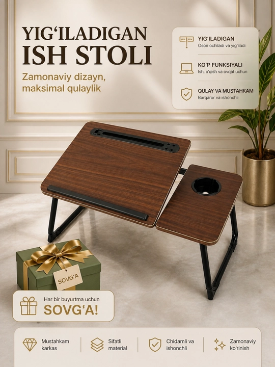 Podstavka noutbuk, yig'iladigan stol, ish stoli, ofis stol, dars stol, parta - 