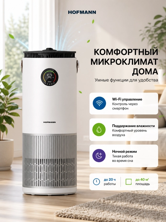 Hofmann SAP2540DCWH/HF — очиститель и увлажнитель воздуха 2-в-1 с HEPA, Wi-Fi, UV