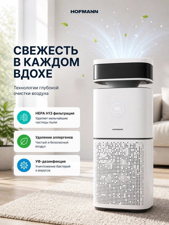 Увлажнитель воздуха и очиститель Hofmann SAP6560TCWH/HF — с HEPA H13 и ионизацией