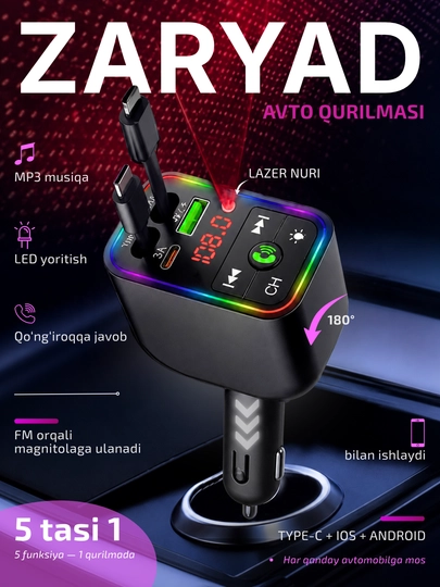 ZARYAD FM transmitter Bluetooth, 5 in 1, Type-C, iOS, Android, tez zaryadlash 120W - 