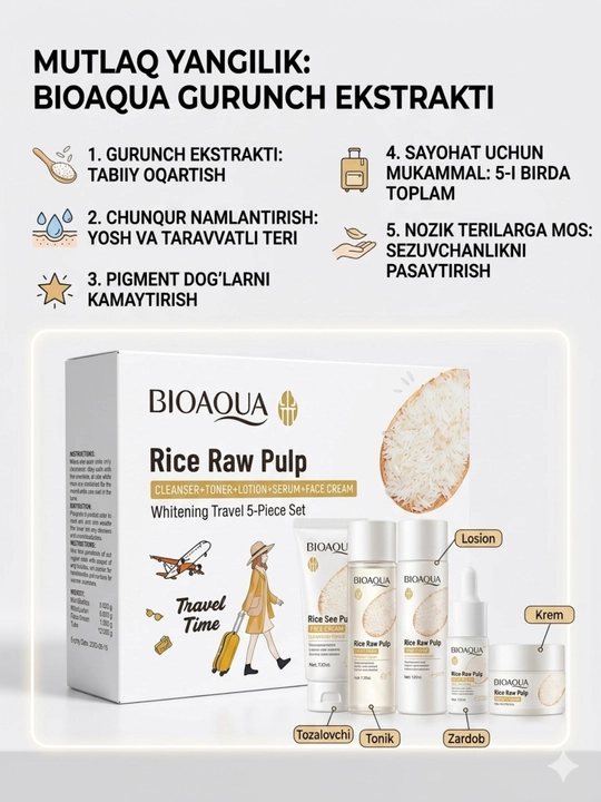 Bioaqua Rice Raw Pulp Whitening Travel 5-Piece Set — Yuz parvarishi uchun sayohat to'plami