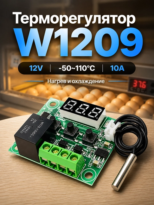 Терморегулятор W1209 12V цифровой с датчиком, реле 10A, -50~110°C термостат - 