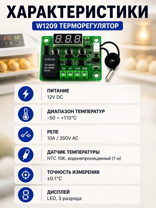 W1209 12V raqamli datchikli termoregulyator, 10A rele, -50~110°C haroratli termostat