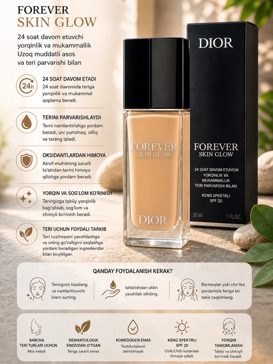 Tonal krem, yuz uchun foundation, Dior skin glow, SPF20 krem, yuz bo‘yog‘i - 