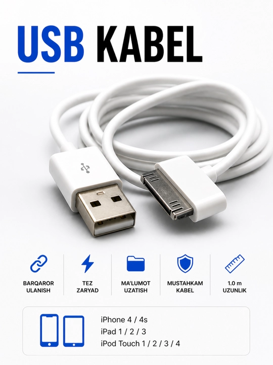 IPhone 4 uchun zaryadlash kabeli USB tez zaryad va ma’lumot uzatish - 