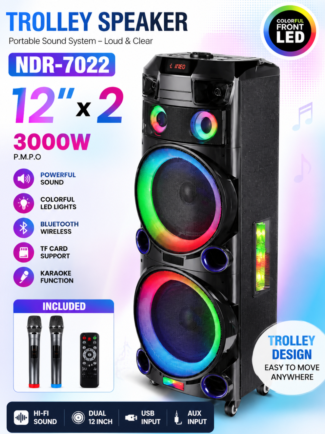 Колонка NDR7022 Bluetooth 5.0 RGB, караоке - 
